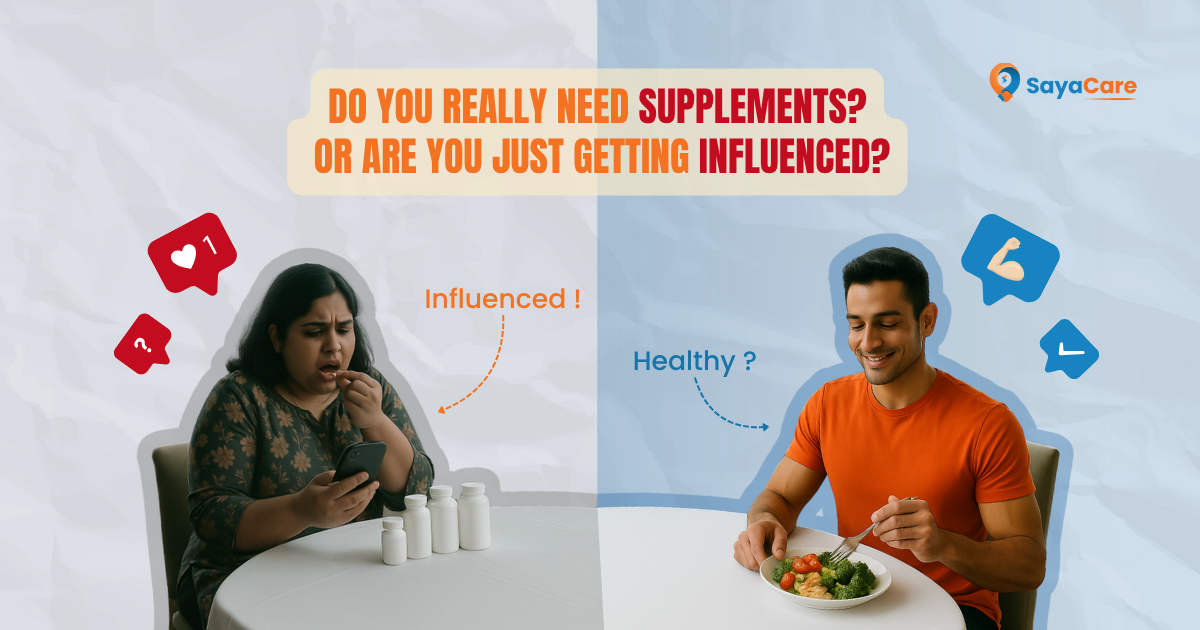 Comparison of a woman influenced by dietary supplements versus a man choosing a healthy, balanced diet with whole foods – highlighting the question: Do you really need supplements or are you just being influenced?
